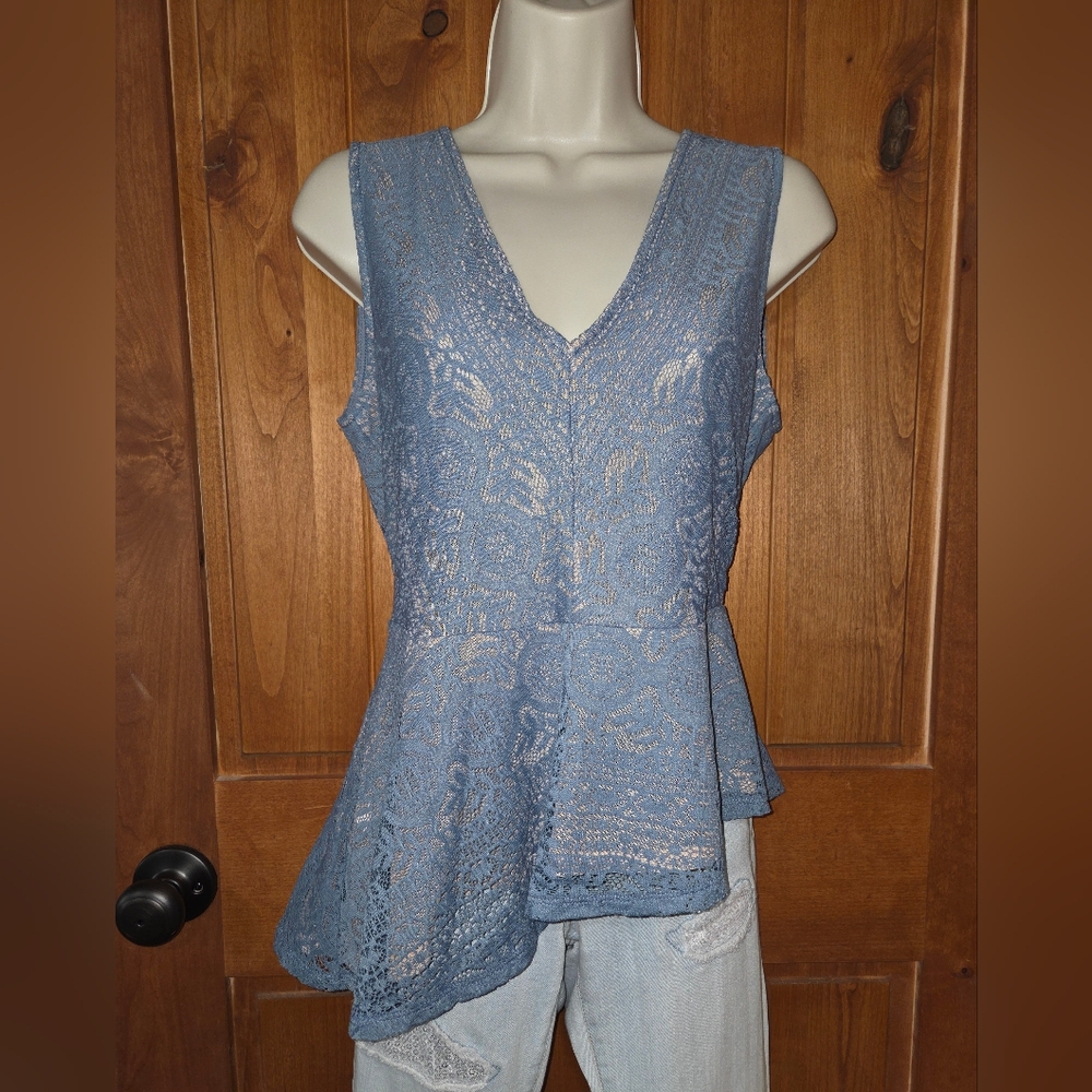BCBGMaxAzria Blue Lace Asymmetrical Peplum Blouse